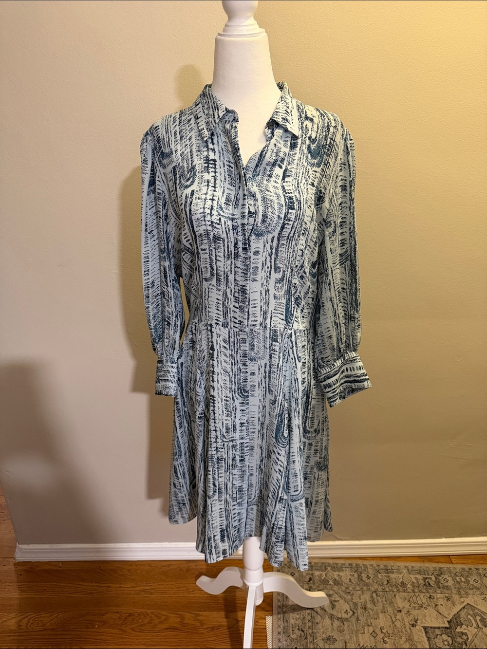 THEORY Blue Patterned Long Sleeve Shirt Dress - 10